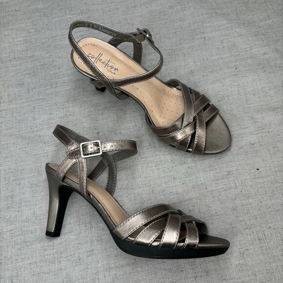 Clarks Shoes - Clarks Collection Adriel Wavy Pewter Silver Leather Heels Sling Back Strappy 7